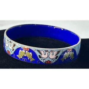 Beautiful Vintage Chinese Enamel Bangle Brass Hand Painted Doves And Fish